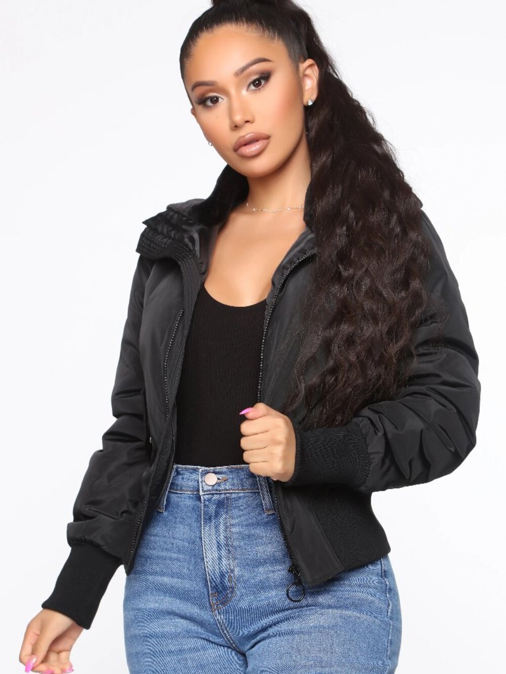 Fashion Nova Black Faux Fur Bomber Jacket Medium